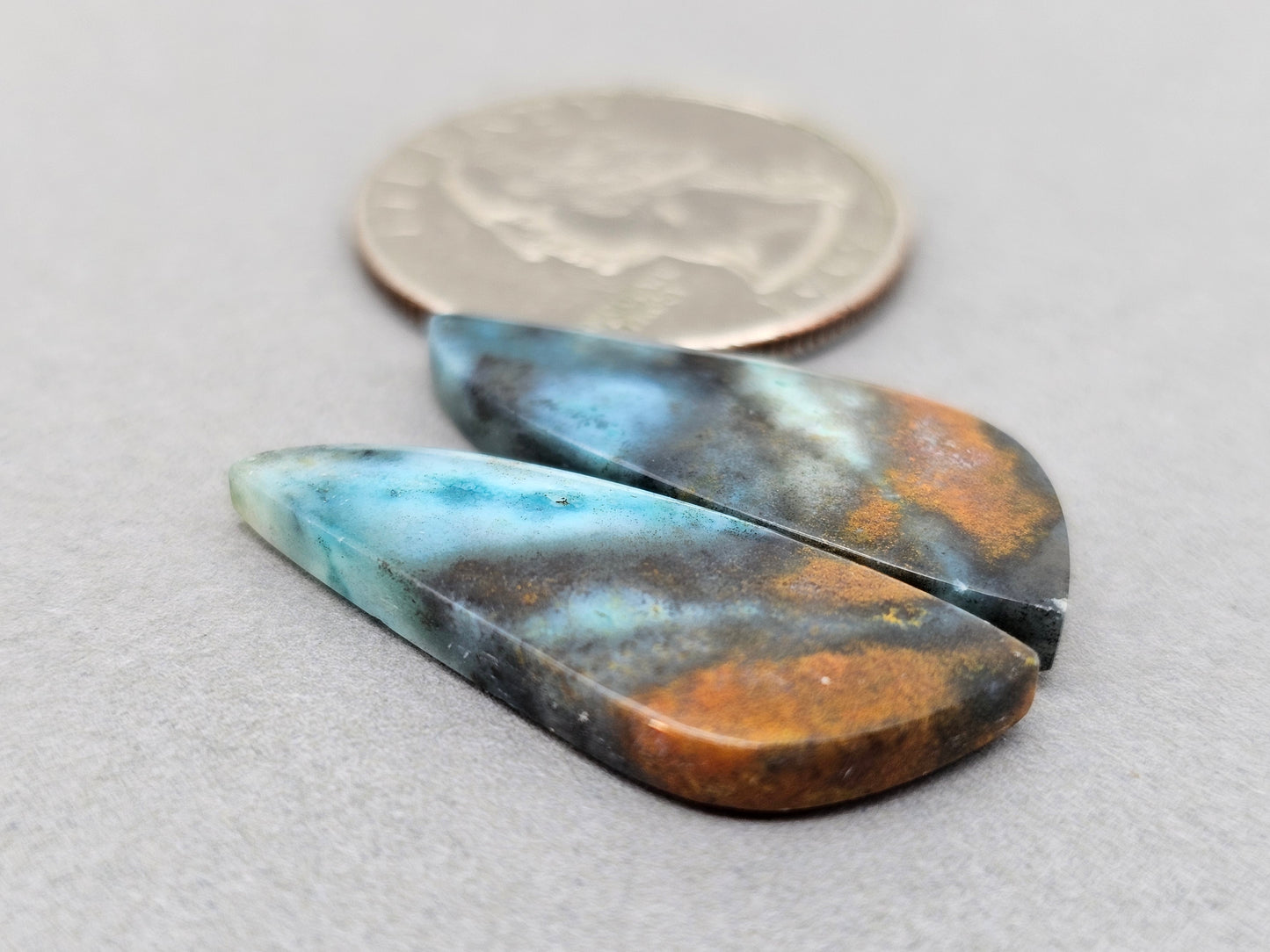 Blue opalized petrified wood Cabochon Pair
