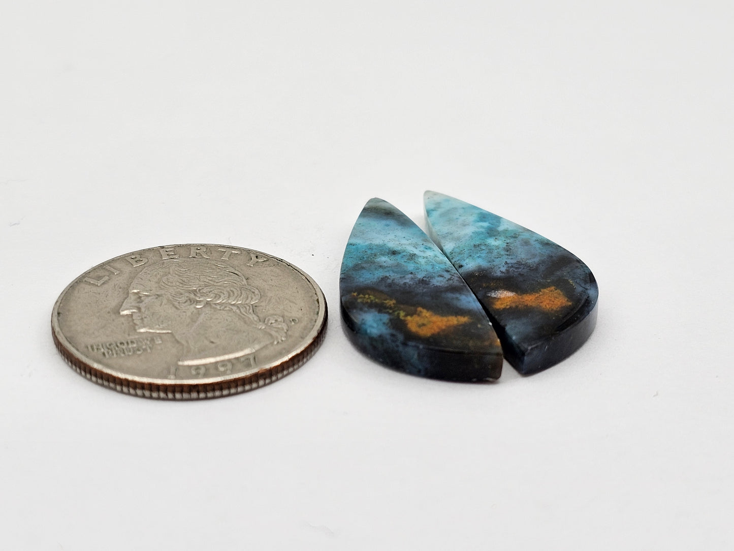 Blue opalized wood Cabochon Pair