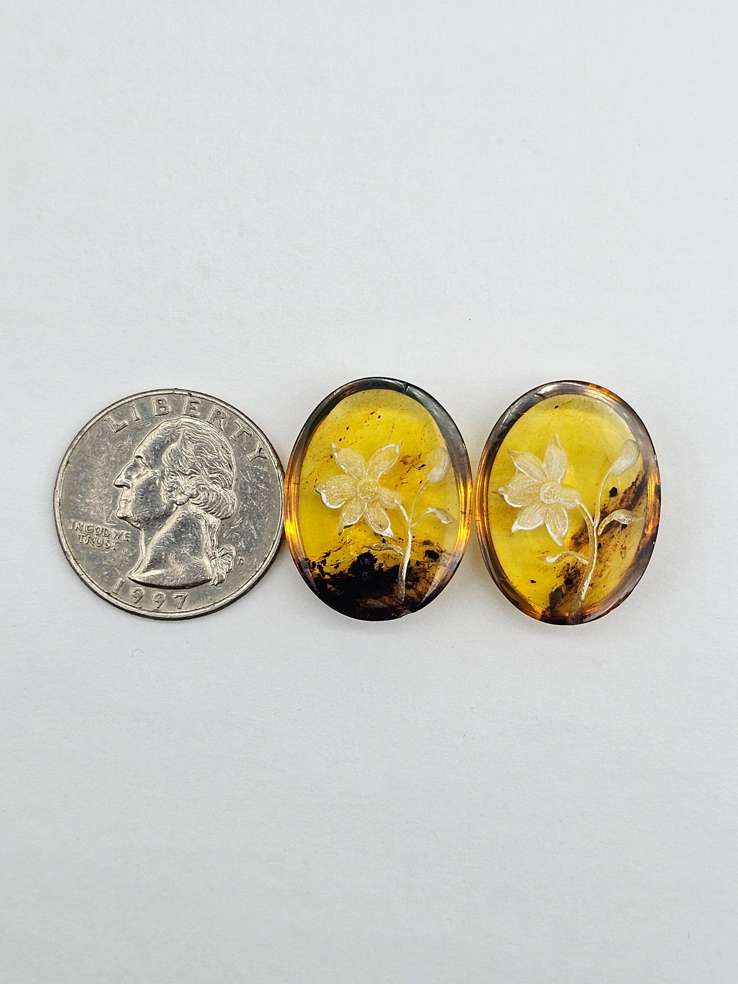 Amber authentic intaglio cabochon pair large