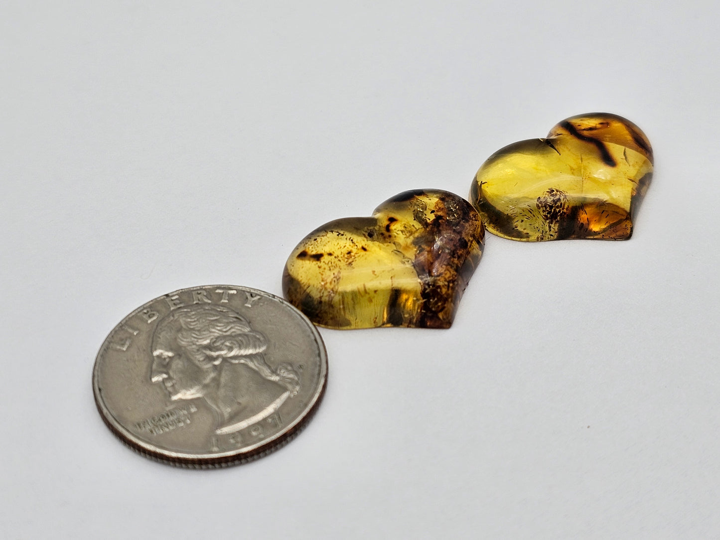 Amber authentic heart cabochon pair large