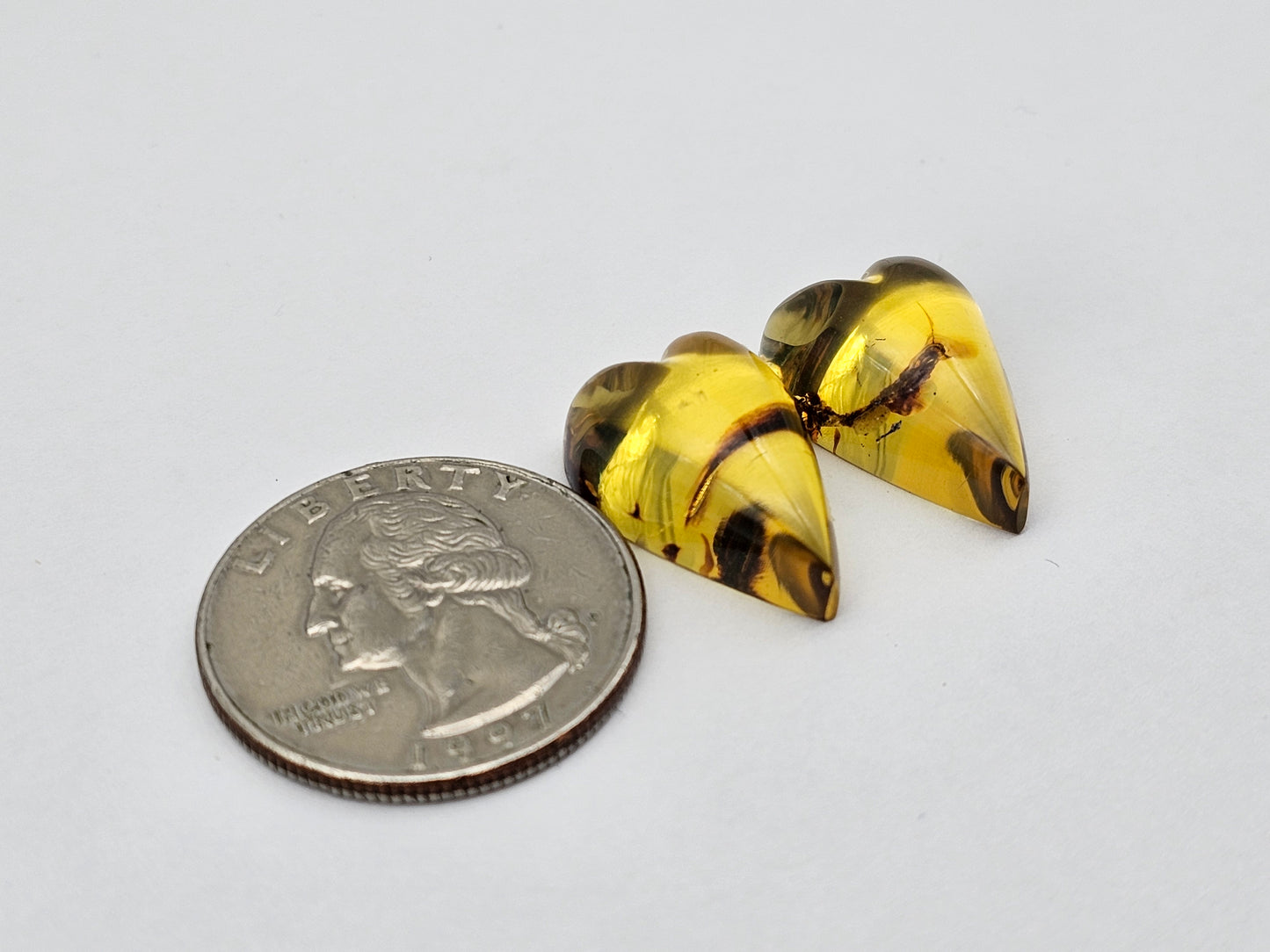 Amber authentic heart cabochon pair large