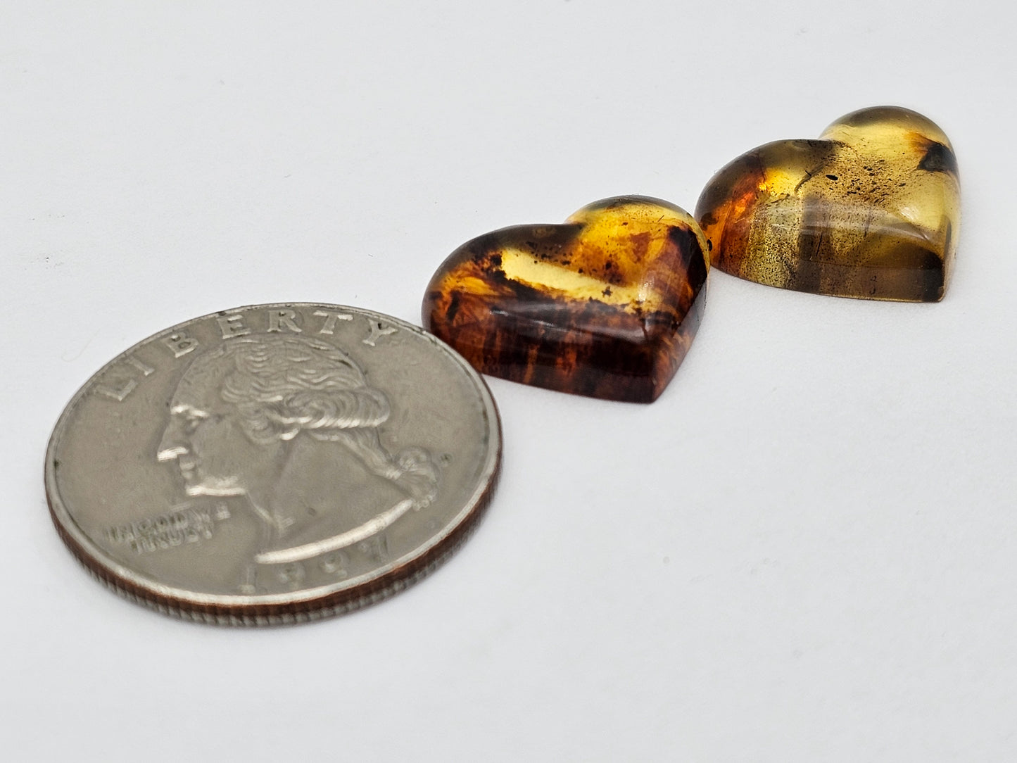 Amber authentic heart cabochon pair large