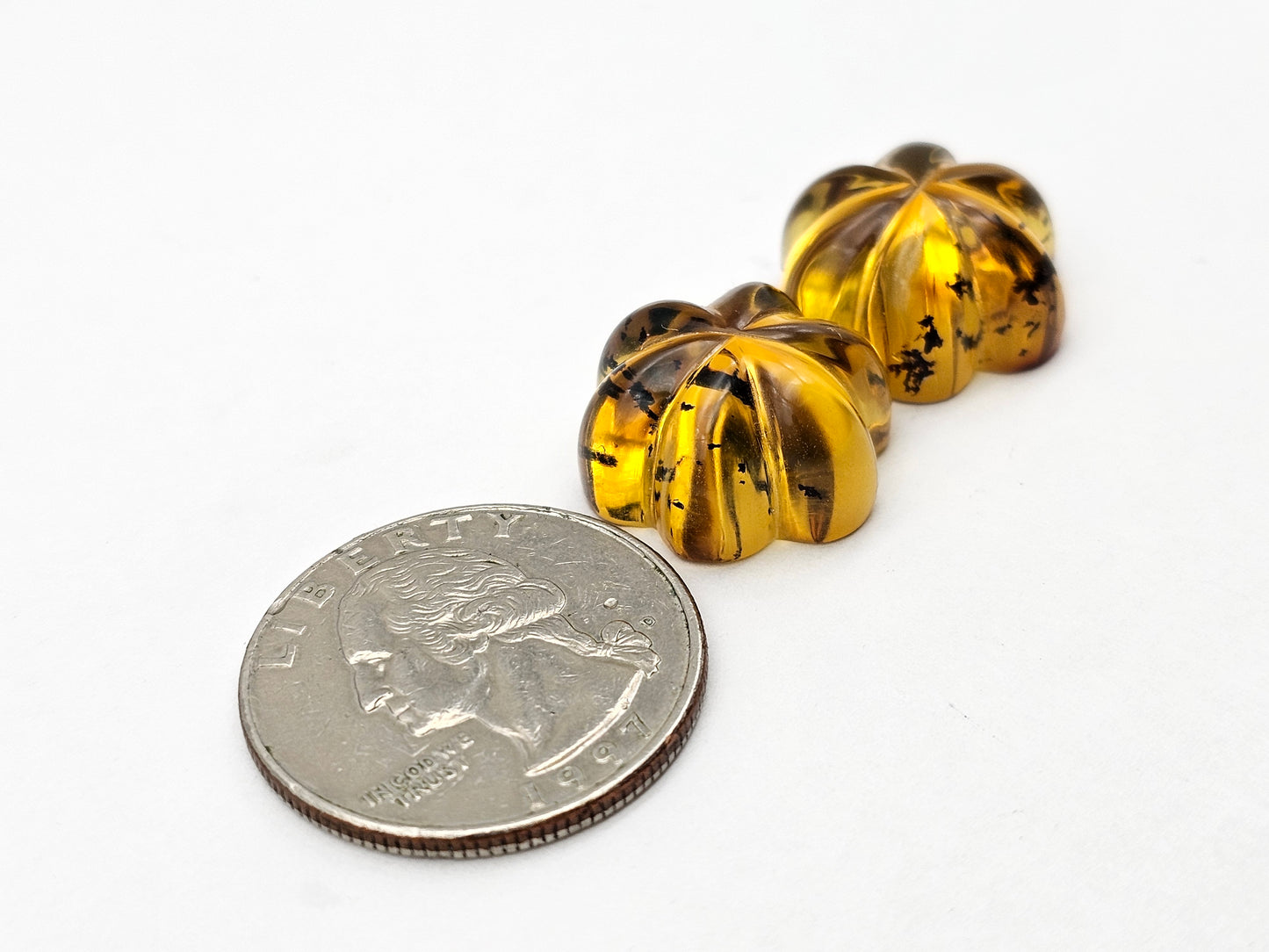 Amber authentic flower cabochon pair large