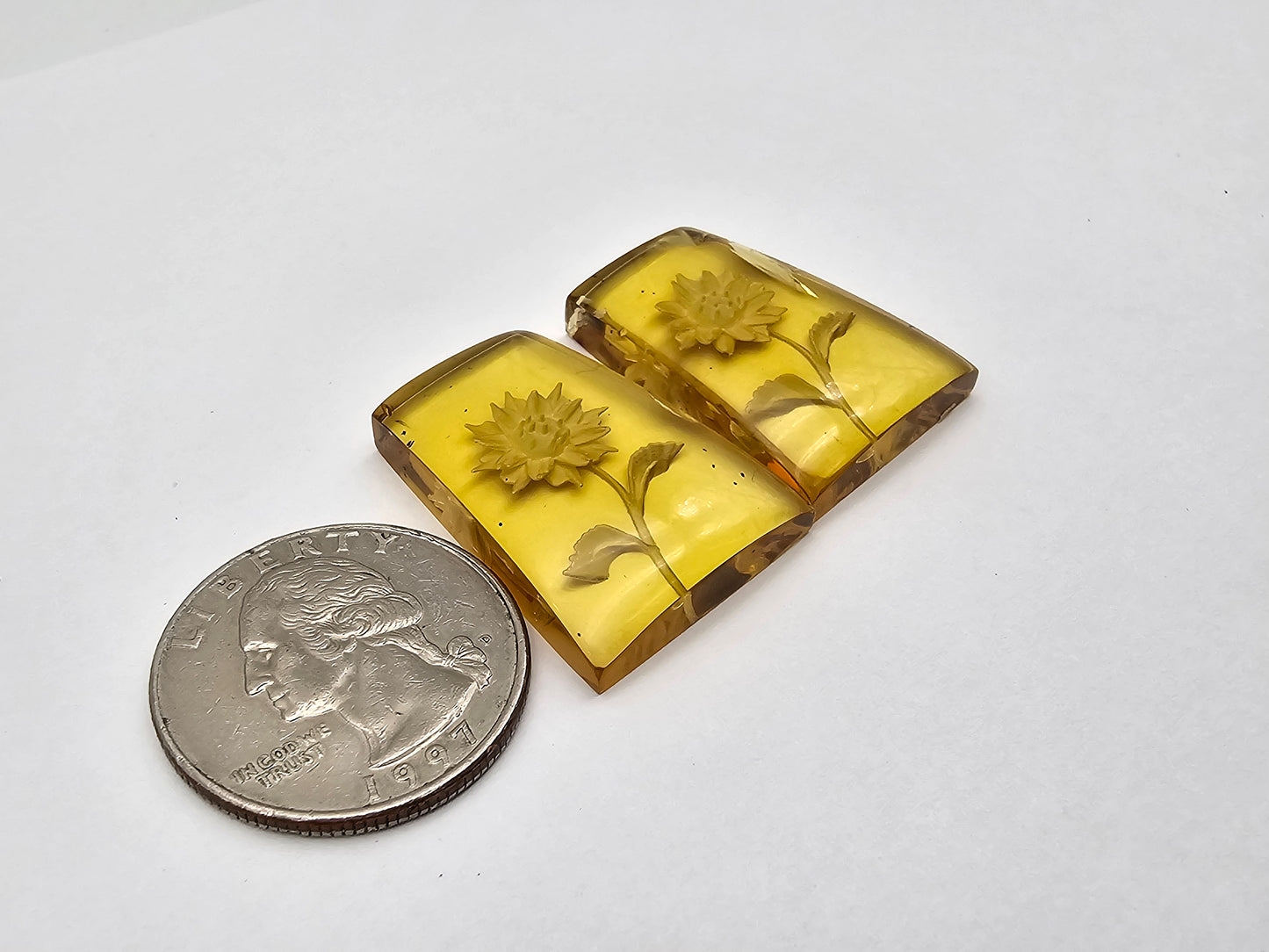 Amber authentic intaglio cabochon pair large