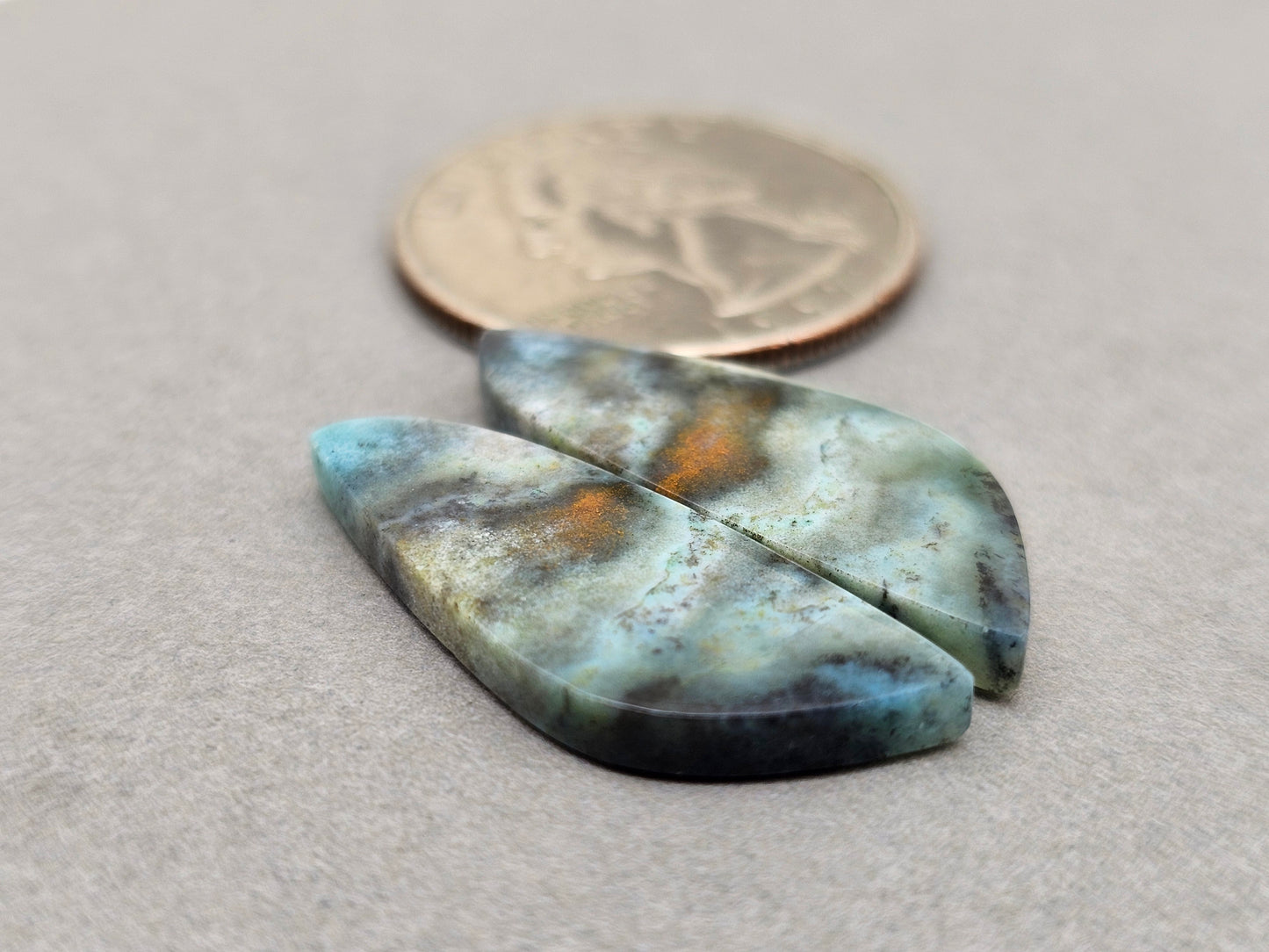Blue opalized petrified wood Cabochon Pair