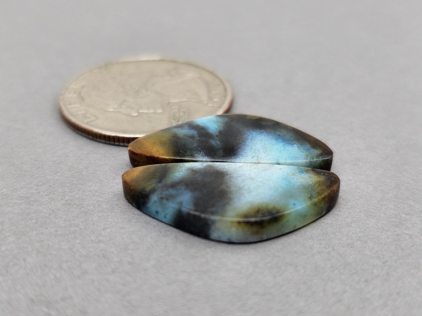 Blue opalized petrified wood Cabochon Pair