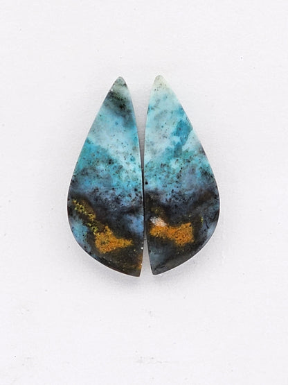 Blue opalized wood Cabochon Pair