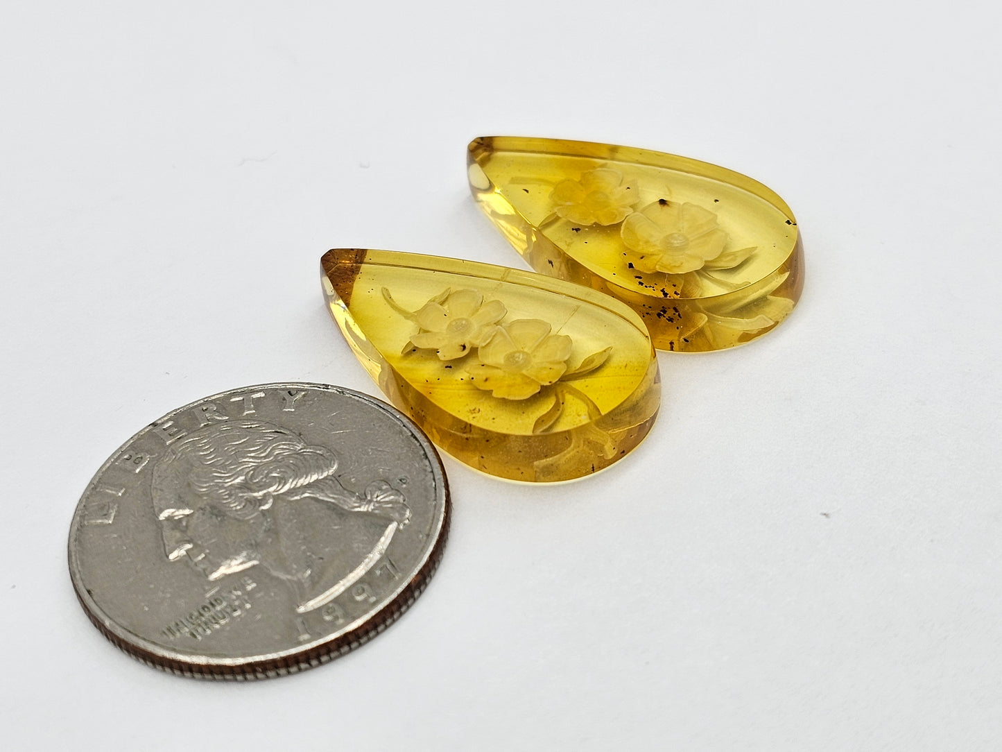 Amber authentic intaglio cabochon pair large