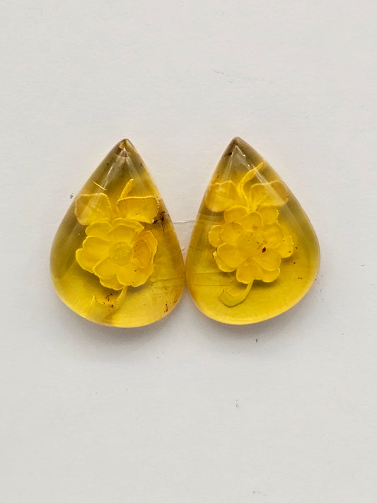 Amber authentic intaglio cabochon pair large