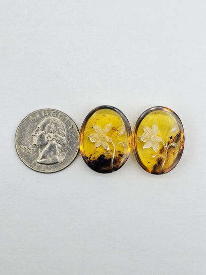 Amber authentic intaglio cabochon pair large