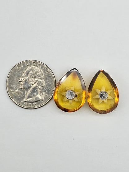 Amber authentic intaglio cabochon pair large
