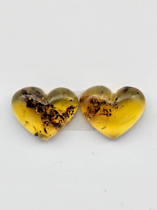 Amber authentic heart cabochon pair large