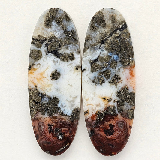 Marcasite Lace Agate Cabochon Pair