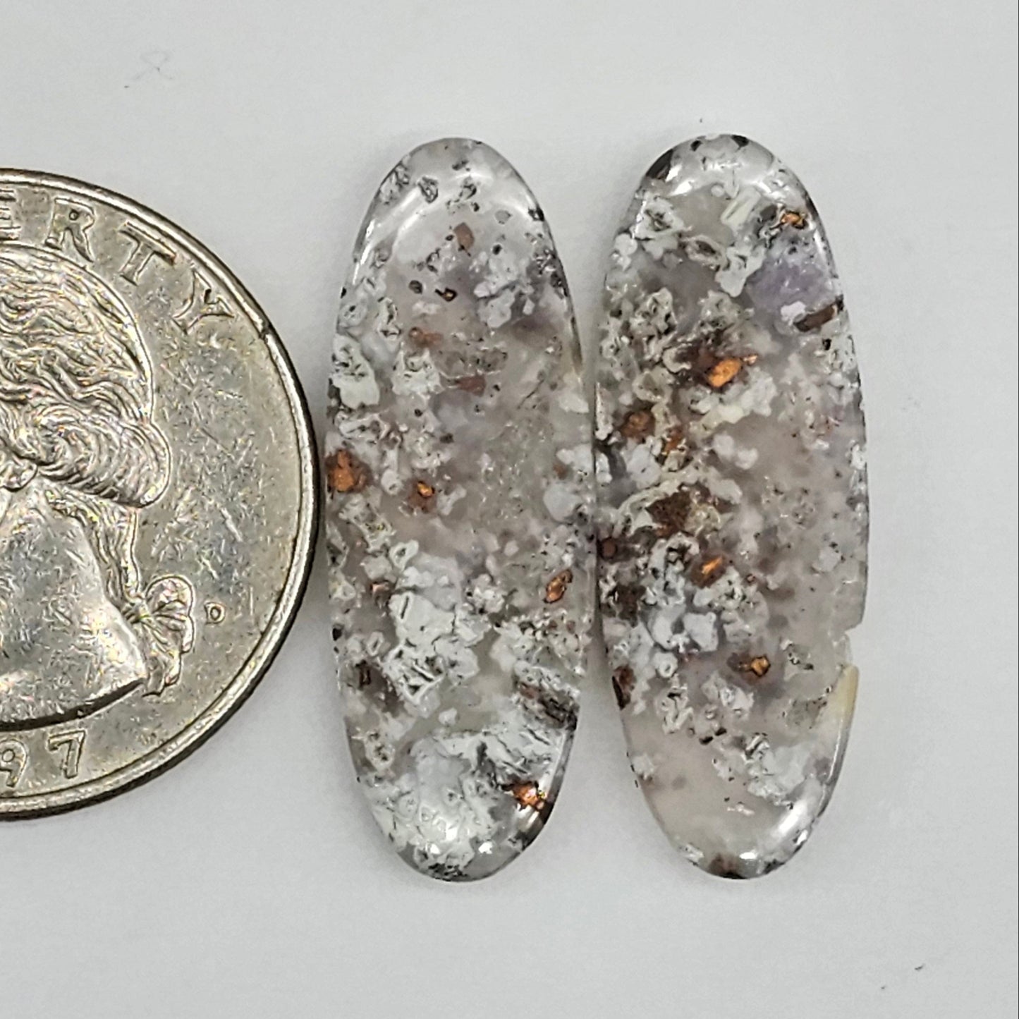 Chalcedony with Native Copper Cabochon Pair