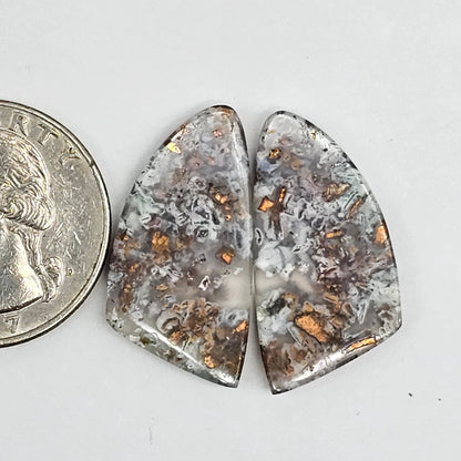 Chalcedony with Native Copper Cabochon Pair