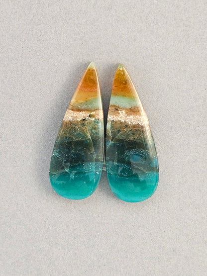 Blue opalized petrified wood Cabochon Pair
