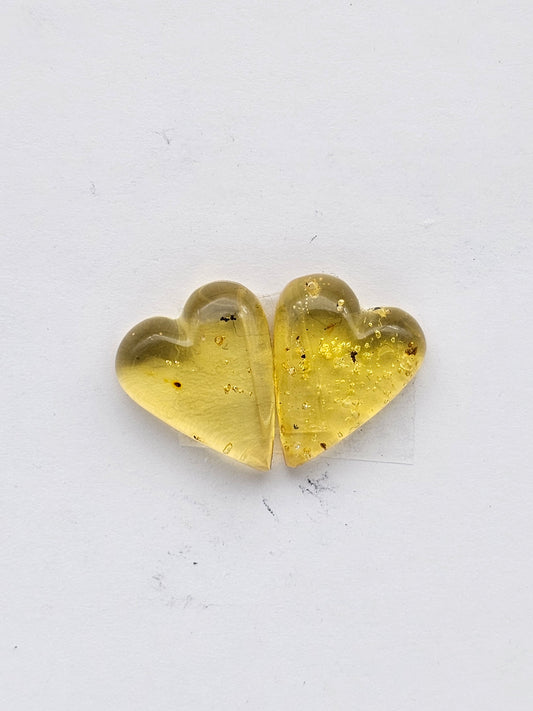 Amber authentic heart cabochon pair large