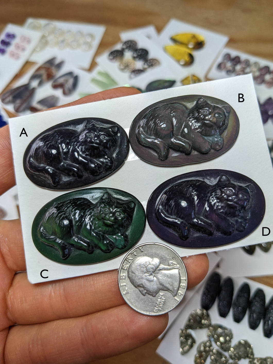 Rainbow obsidian carved cats